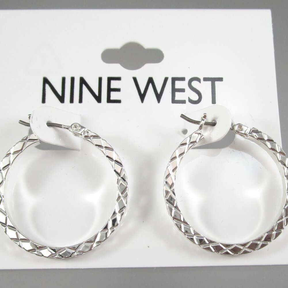 NINE WEST Mod/Contemporary Silver Diamond Shape Textured Hoop Earrings**NEW! - Picture 3 of 4